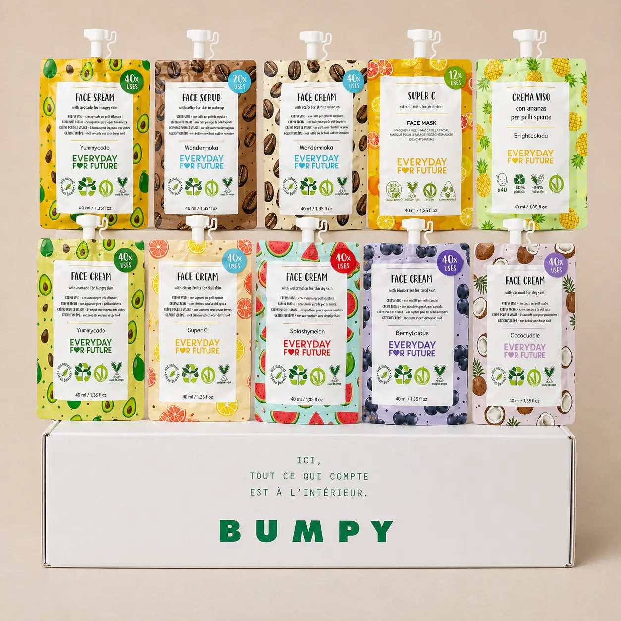 EVERYDAY FOR FUTURE : COFFRET SOINS 7 JOURS  (7 crèmes + 4 masques + 3 gommages) Bumpy