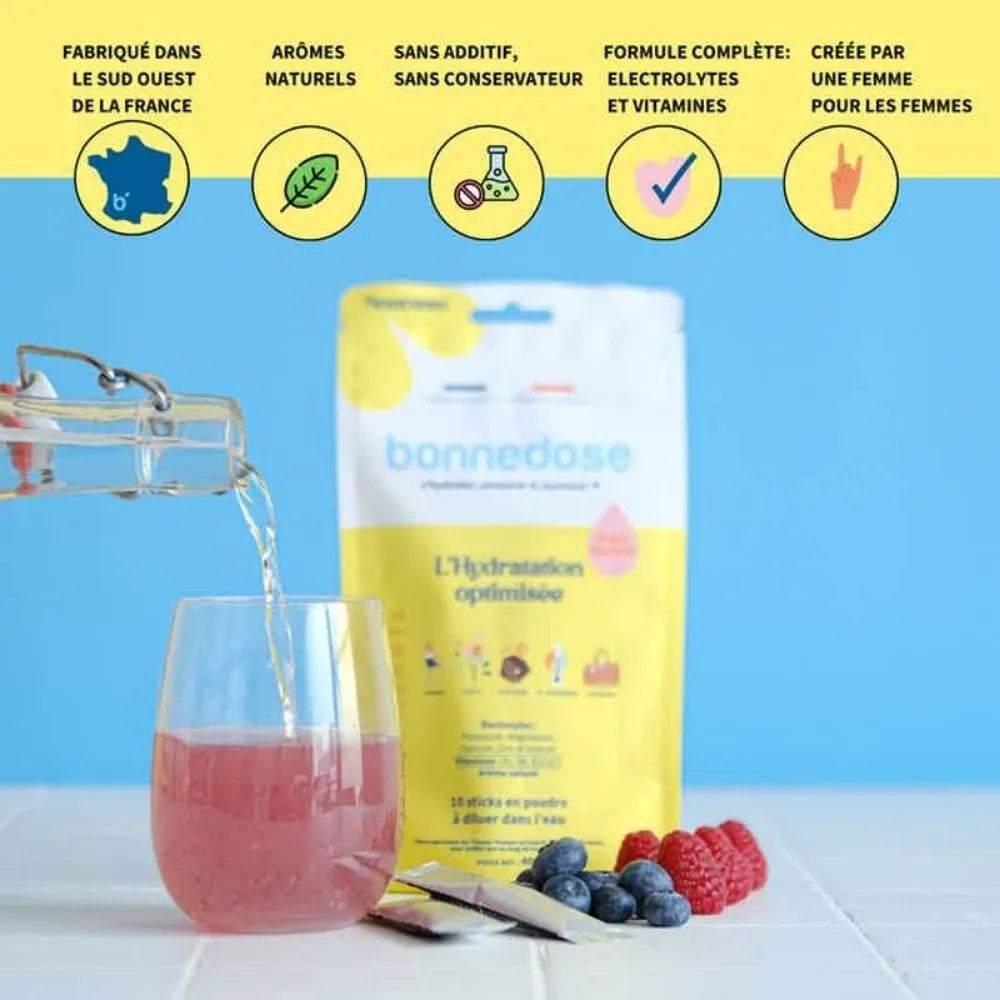 Les sticks Bonne Dose sont une solution complète d'hydratation, spécialement conçus pour les femmes. Leurs principaux atouts :

Électrolytes essentiels : sodium, potassium, magnésium, zinc, calcium
Vitamines : B1, B12 et C pour booster l'énergie et B6 pour réguler l'activité hormonale
Sans conservateur et sans colorant
Sans agent effervescent
1 stick en poudre Bonne Dose = 2 pastilles d'hydratation&nbsp;