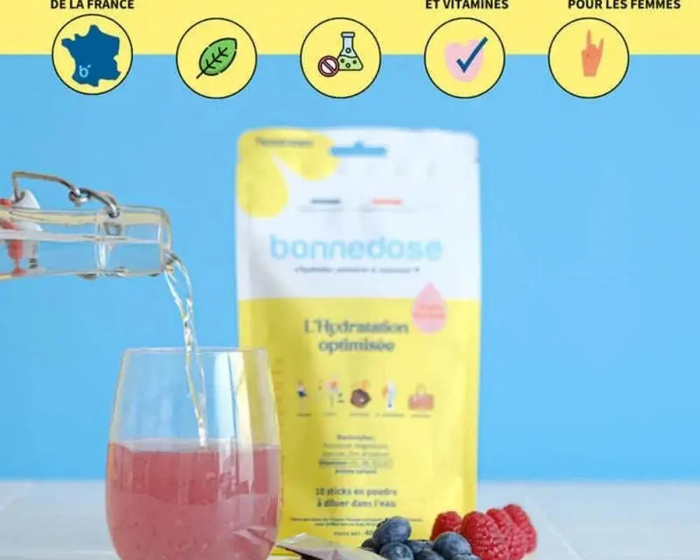 Les sticks Bonne Dose sont une solution complète d'hydratation, spécialement conçus pour les femmes. Leurs principaux atouts :

Électrolytes essentiels : sodium, potassium, magnésium, zinc, calcium
Vitamines : B1, B12 et C pour booster l'énergie et B6 pour réguler l'activité hormonale
Sans conservateur et sans colorant
Sans agent effervescent
1 stick en poudre Bonne Dose = 2 pastilles d'hydratation&nbsp;