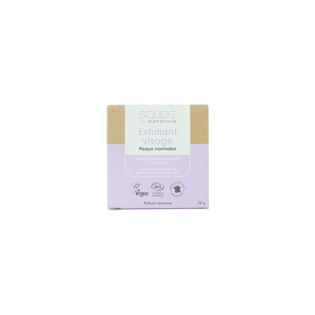 L’Exfoliant visage SOLIDE by alphanova associe la douceur des huiles végétales d’Amande Douce & Jojoba bio aux propriétés exfoliantes de la poudre de coque de noix & des feuilles séchées de verveine. Formulé sans sulfate ni huile de palme, ce nettoyant solide purifie la peau et revitalise le teint. Son parfum léger de verveine fraîchement coupée enveloppe votre peau d’une agréable sensation de fraîcheur. Étui écologique en carton recyclé.