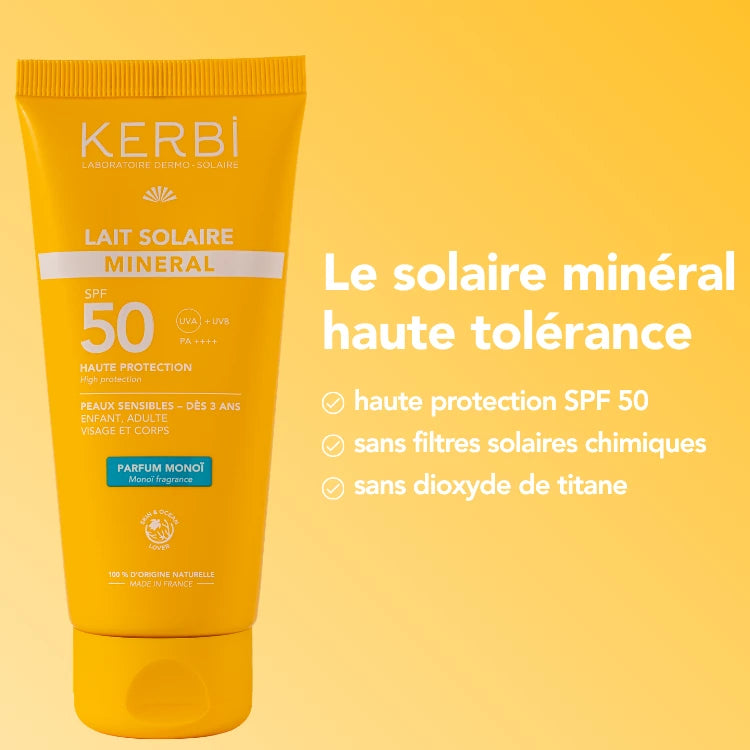 KERBI : Lait solaire minéral SPF50 dès 3 ans - bénéfices