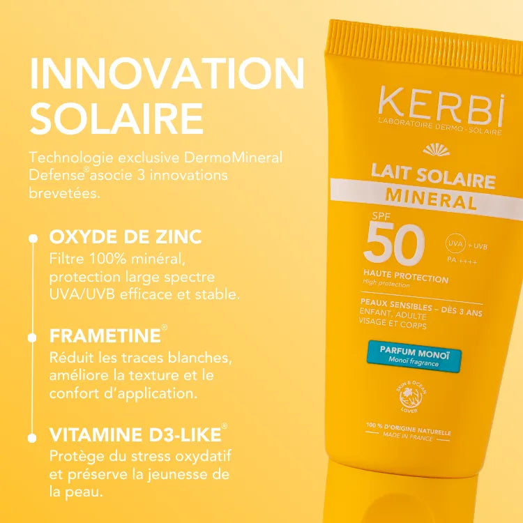 KERBI : Lait solaire minéral SPF50 parfum - ingrédients clés