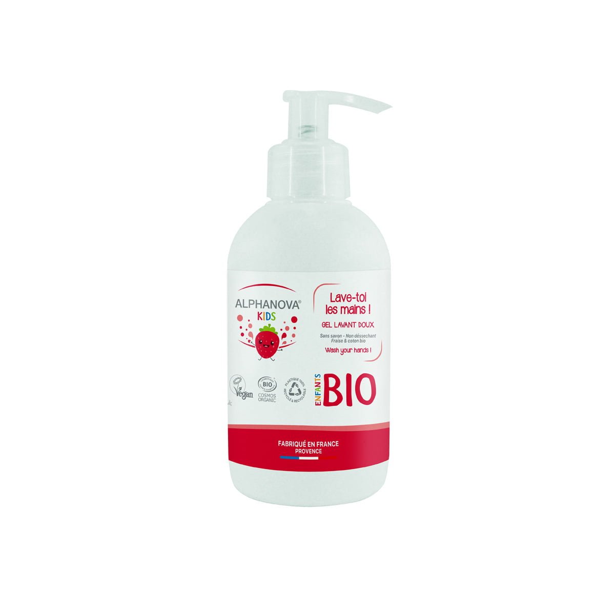 Lave-toi les mains avec Thérèse la Fraise et Léon le Coton : deux ingrédients naturels et biologiques aux supers pouvoirs adoucissants qui vont t’aider à bien te laver les mains.