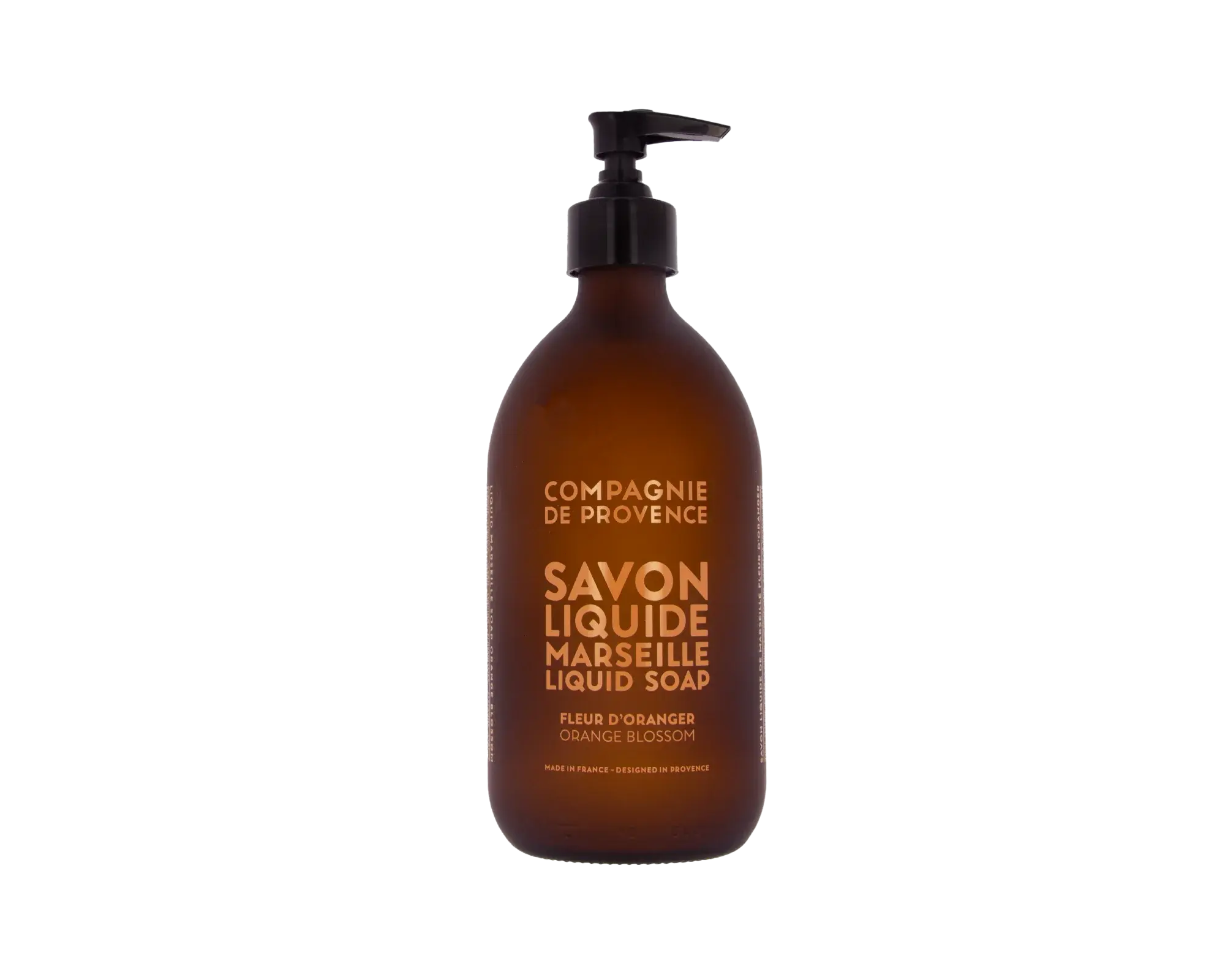 Flacon pompe en verre ambré sérigraphié de savon liquide Fleur d'Oranger Compagnie de Provence, édition limitée