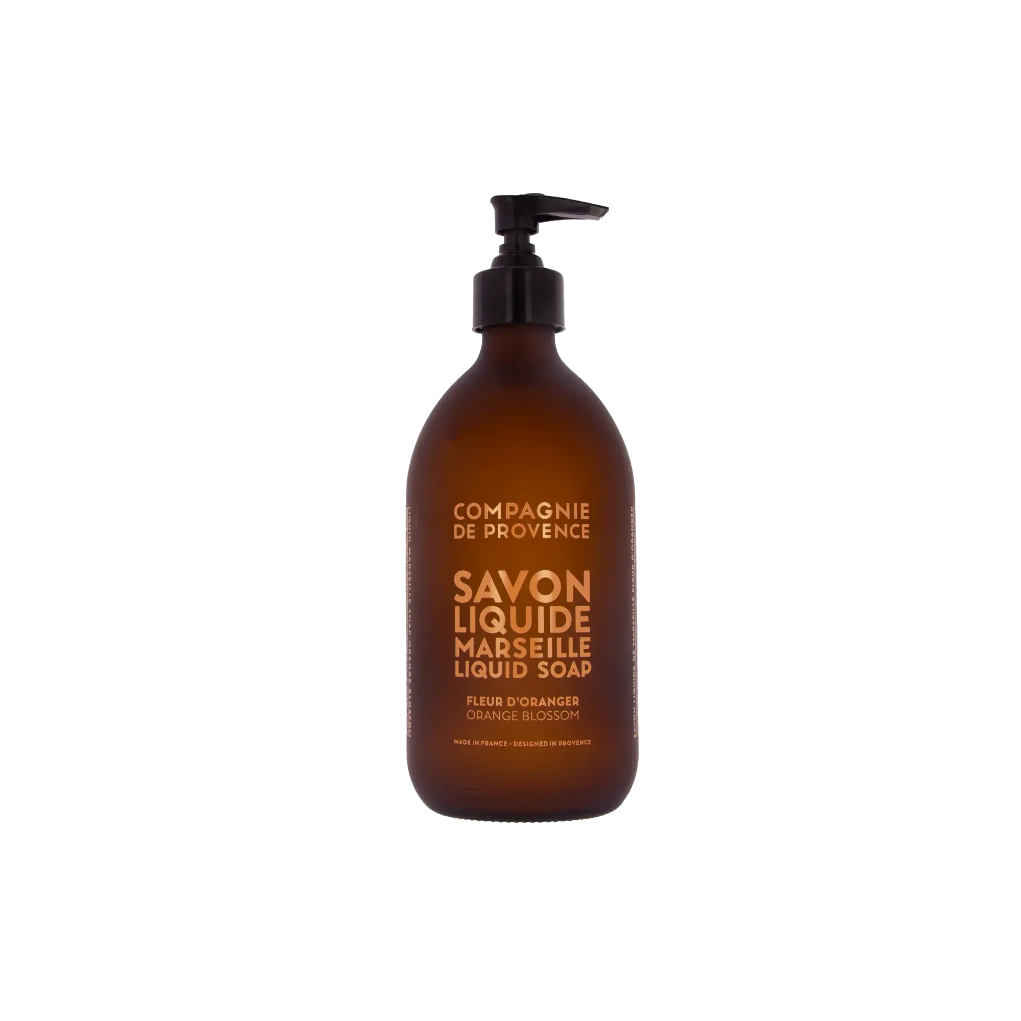 Flacon pompe en verre ambré sérigraphié de savon liquide Fleur d'Oranger Compagnie de Provence, édition limitée
