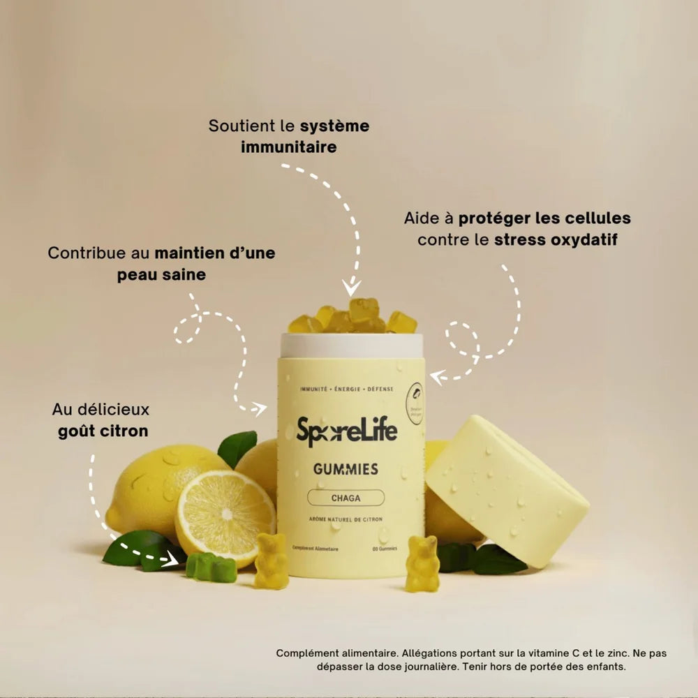Besoin d’un coup de pouce quand la fatigue saisonnière s’installe et que l’organisme est sollicité. Ces gummies au goût citron, enrichis en vitamine C et zinc, contribuent au fonctionnement normal du système immunitaire et aident à protéger les cellules contre le stress oxydatif.&nbsp;

Un geste simple pour se sentir plus serein au quotidien.

La texture moelleuse et le format nomade rendent l’expérience ultra-pratique, tandis que l’univers du chaga s’invite&nbsp;

discrètement dans une routine gourmande et