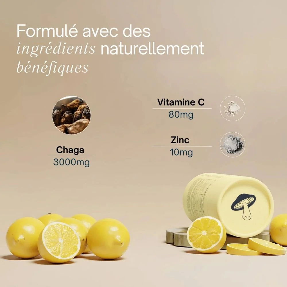 Besoin d’un coup de pouce quand la fatigue saisonnière s’installe et que l’organisme est sollicité. Ces gummies au goût citron, enrichis en vitamine C et zinc, contribuent au fonctionnement normal du système immunitaire et aident à protéger les cellules contre le stress oxydatif.&nbsp;

Un geste simple pour se sentir plus serein au quotidien.

La texture moelleuse et le format nomade rendent l’expérience ultra-pratique, tandis que l’univers du chaga s’invite&nbsp;

discrètement dans une routine gourmande et