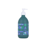 Flacon-pompe de savon liquide de Marseille édition limitée 25 ans, design bleu et vert aux motifs géométriques