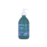 Flacon-pompe de savon liquide de Marseille édition limitée 25 ans, design bleu et vert aux motifs géométriques