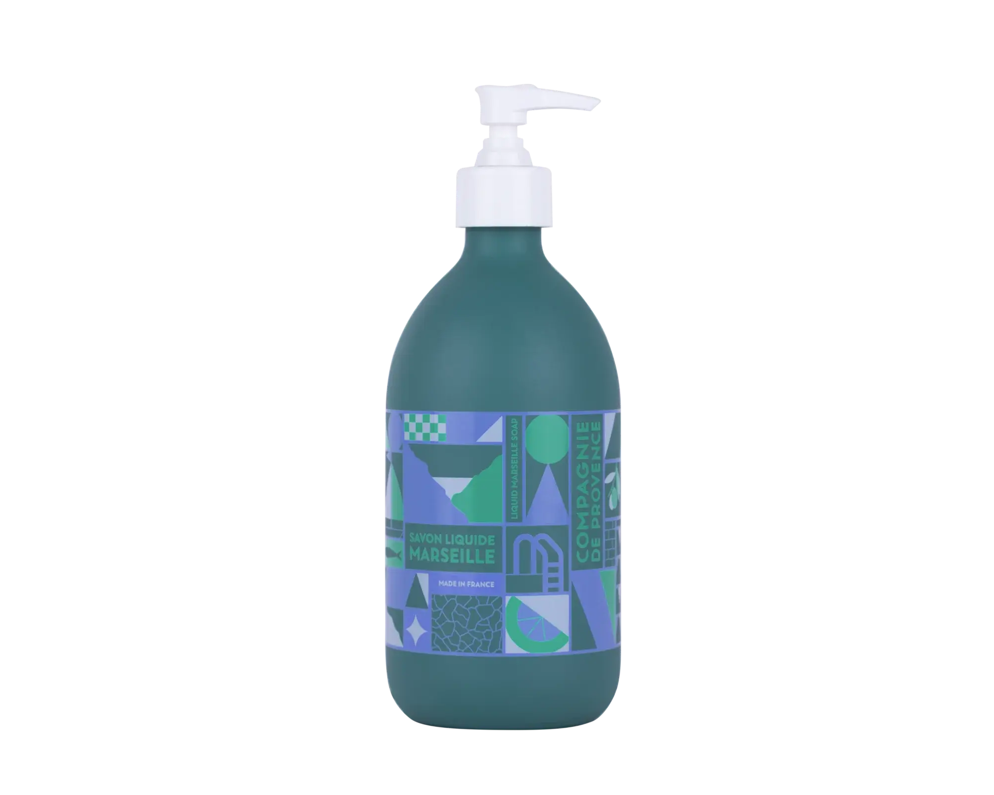 Flacon-pompe de savon liquide de Marseille édition limitée 25 ans, design bleu et vert aux motifs géométriques