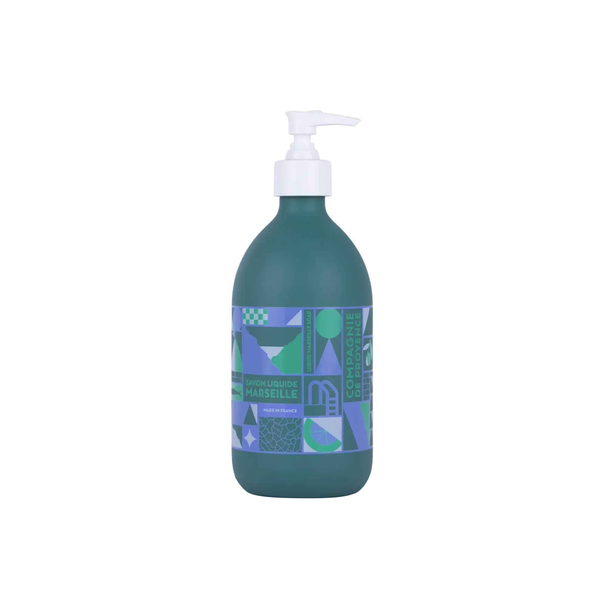 Flacon-pompe de savon liquide de Marseille édition limitée 25 ans, design bleu et vert aux motifs géométriques